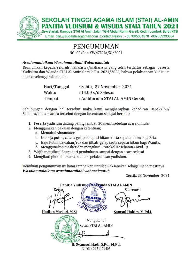 Pengumuman Pelaksanaan Yudisium STAI Al-Amin T.A 2021/2022